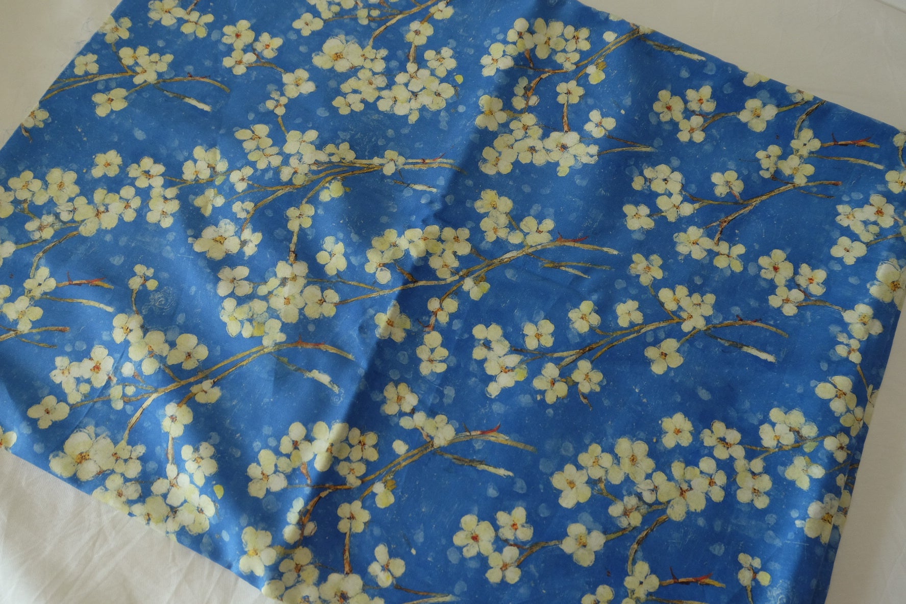 Indigo Blossom Cotton Sateen Fabric – Oriental Floral Branch Print – 2.2 yd