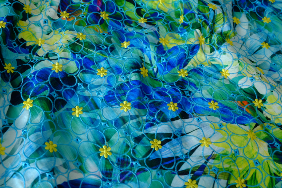 Tropical Blue Garden Embroidered Chiffon – 1.75 yd