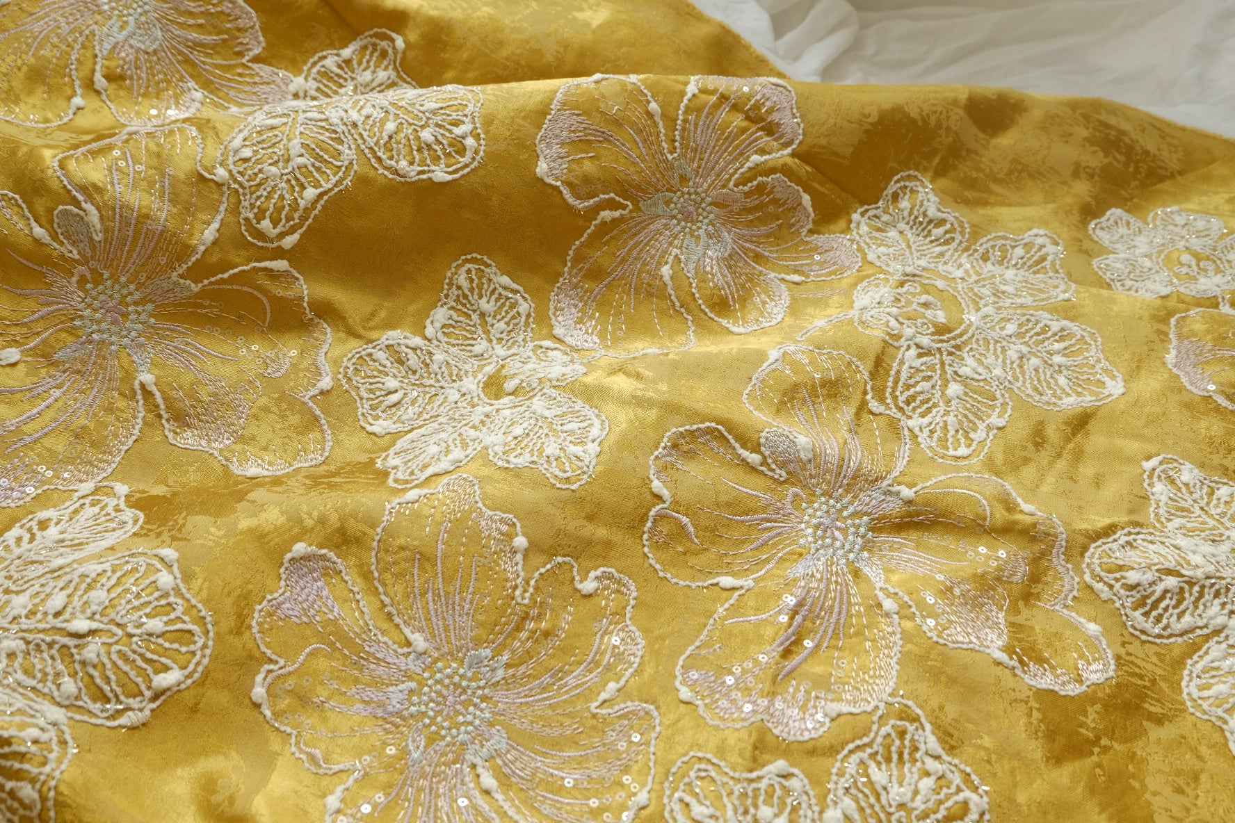 Golden Floral Embroidered Jacquard Satin, Structured Statement Fabric, 2.19 Yards