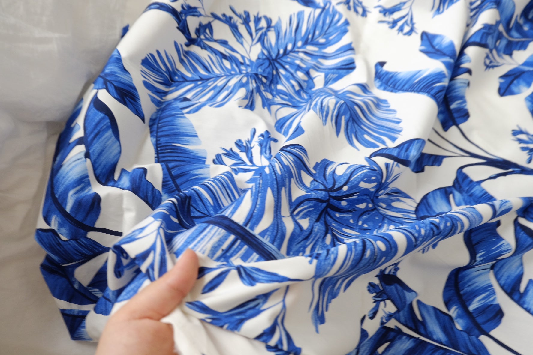 Blue Tropical Leaf Cotton Fabric, 3.28 Yards