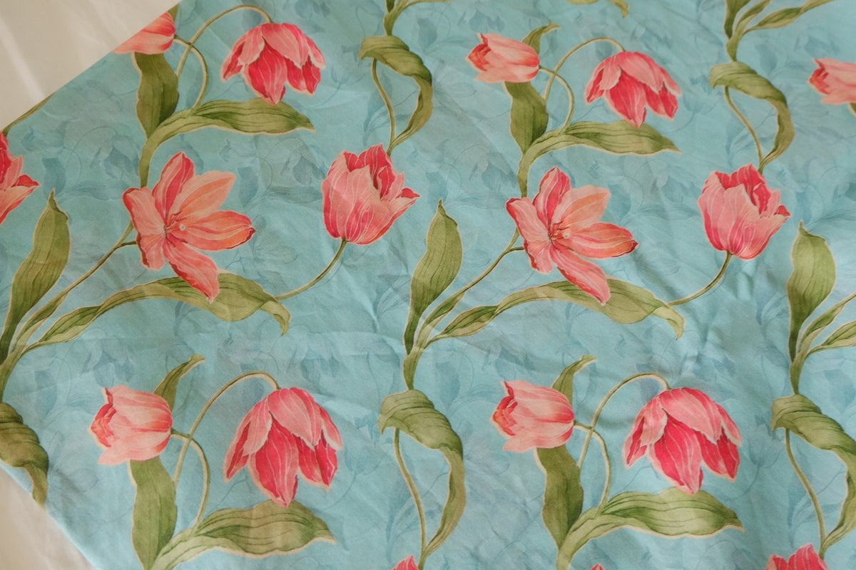 Watercolor Pink Tulips on Sky Blue – Cotton Lawn – 1.9 yd
