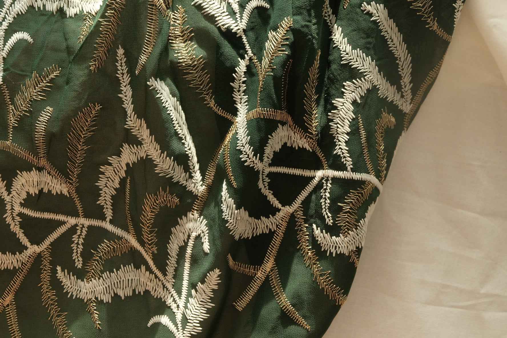 Emerald Green Embroidered Mesh Fabric with Gold Thread, 2.73 Yards