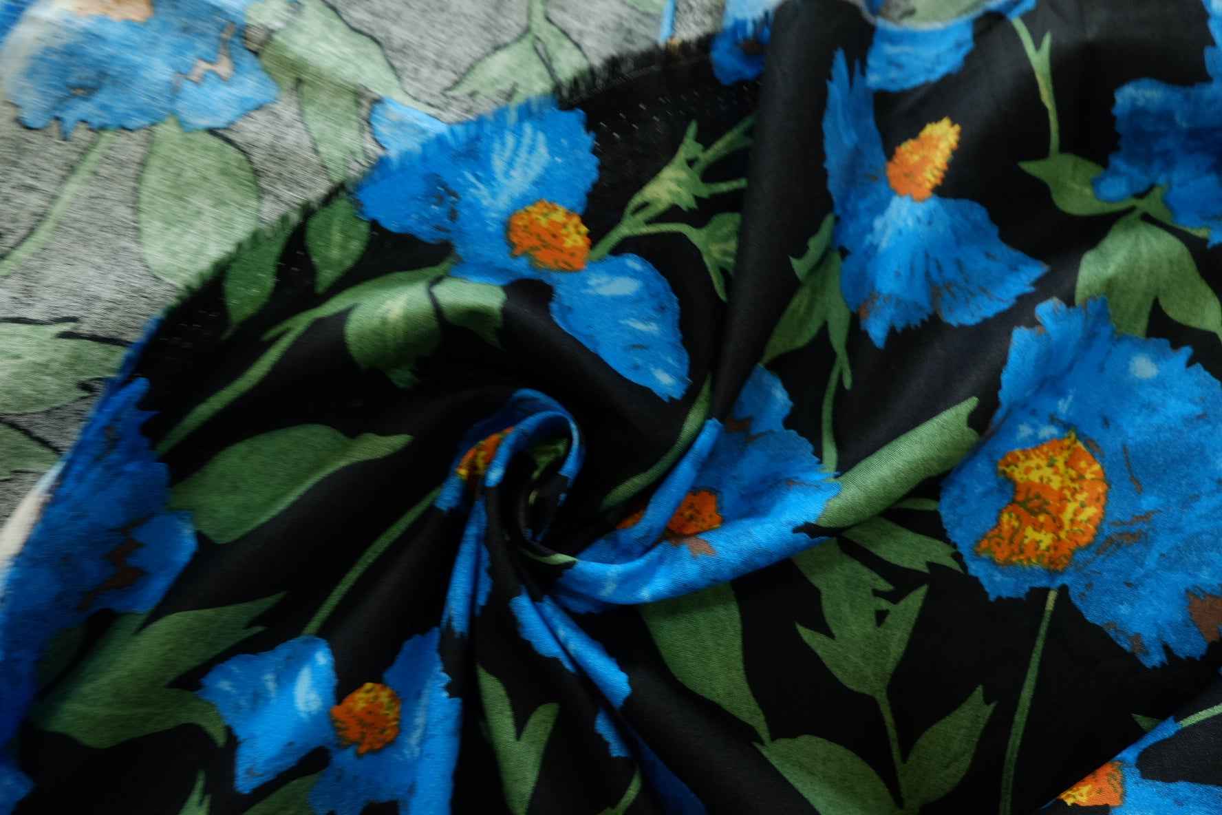 Blue Poppy Floral Cotton Fabric – 3.3 yd