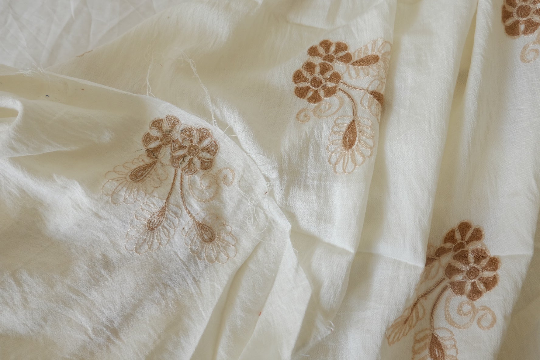 Ivory Floral Embroidered Tencel Nylon Fabric, 3.28 Yards