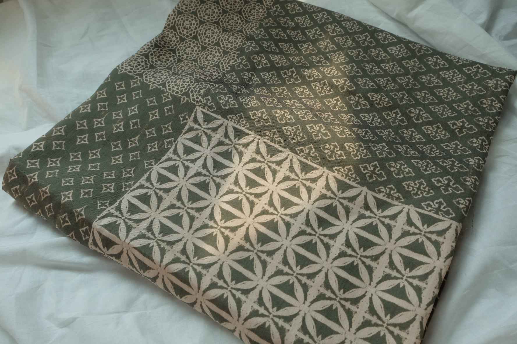 Muted Green Geometric Floral Fabric, Soft Dress Weight Poly Cotton Blend, 3.28 Yards