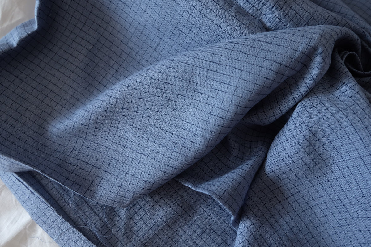 Powder Blue Windowpane – Yarn-Dyed Linen Cotton Fabric – 2.84 yd