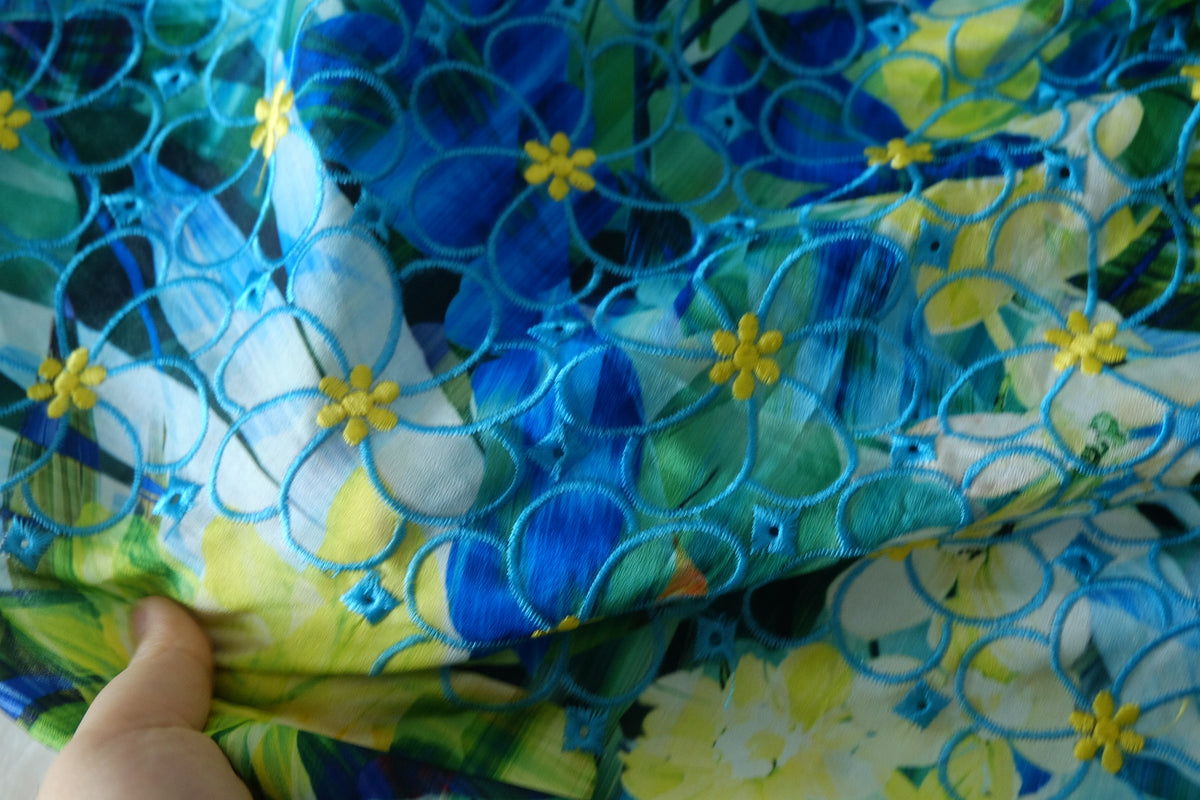 Tropical Blue Garden Embroidered Chiffon – 1.75 yd