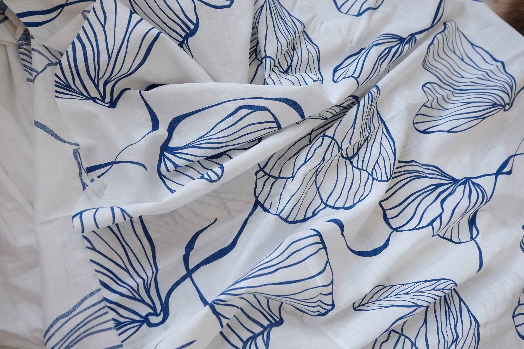 Blue Line Floral Washed Lightweight Linen Fabric - 3.28 yd