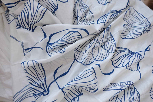 Blue Line Floral Washed Lightweight Linen Fabric - 3.28 yd