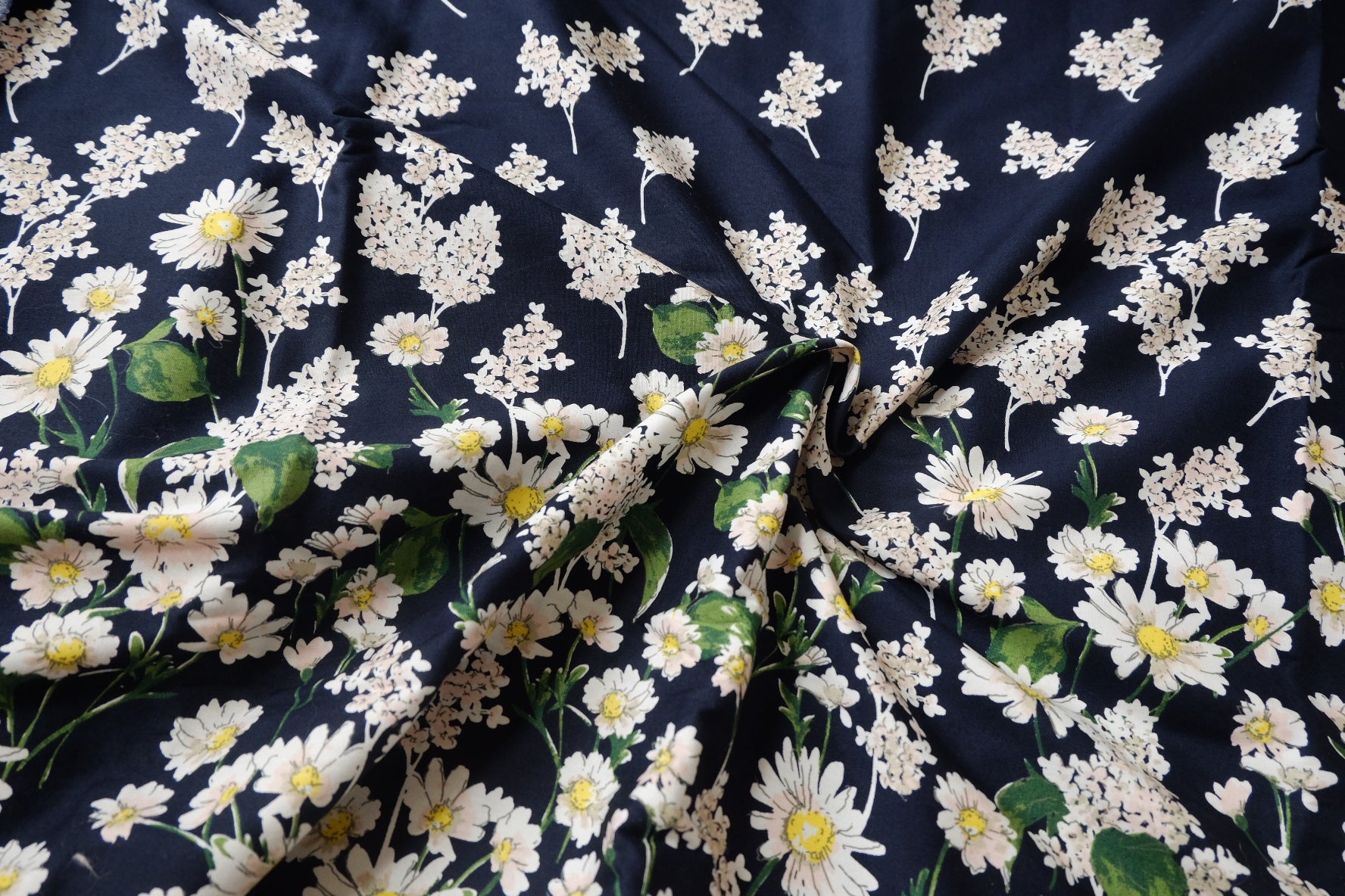 Navy Daisy Border Print Cotton Poplin Fabric - 2.19 yd
