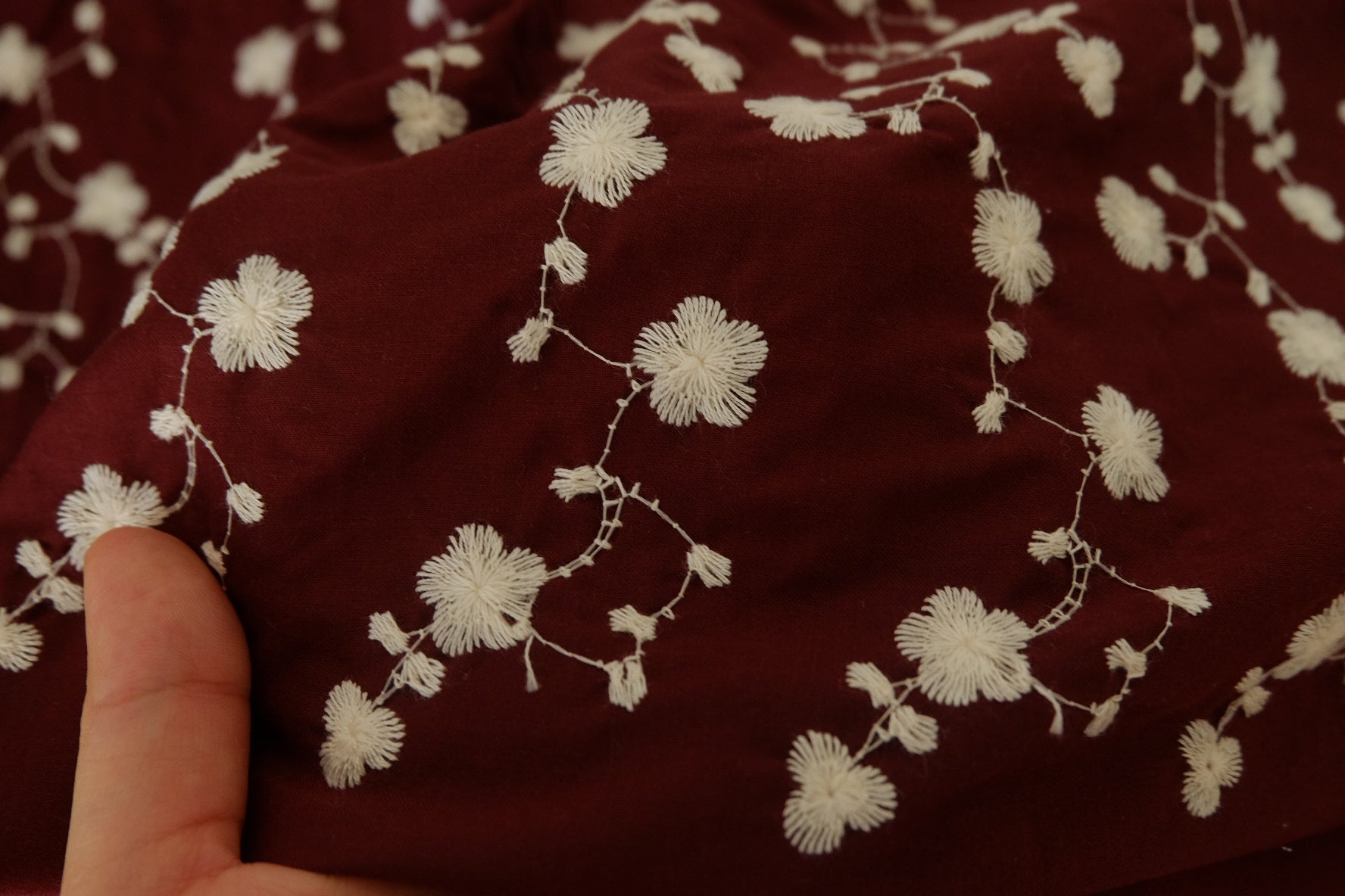 Burgundy Floral Embroidered Cotton Fabric – 2.2 yd