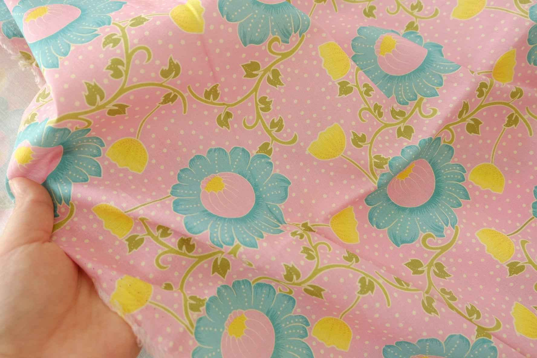 Pink Blue Floral Cotton Cloth — 2.19 yd
