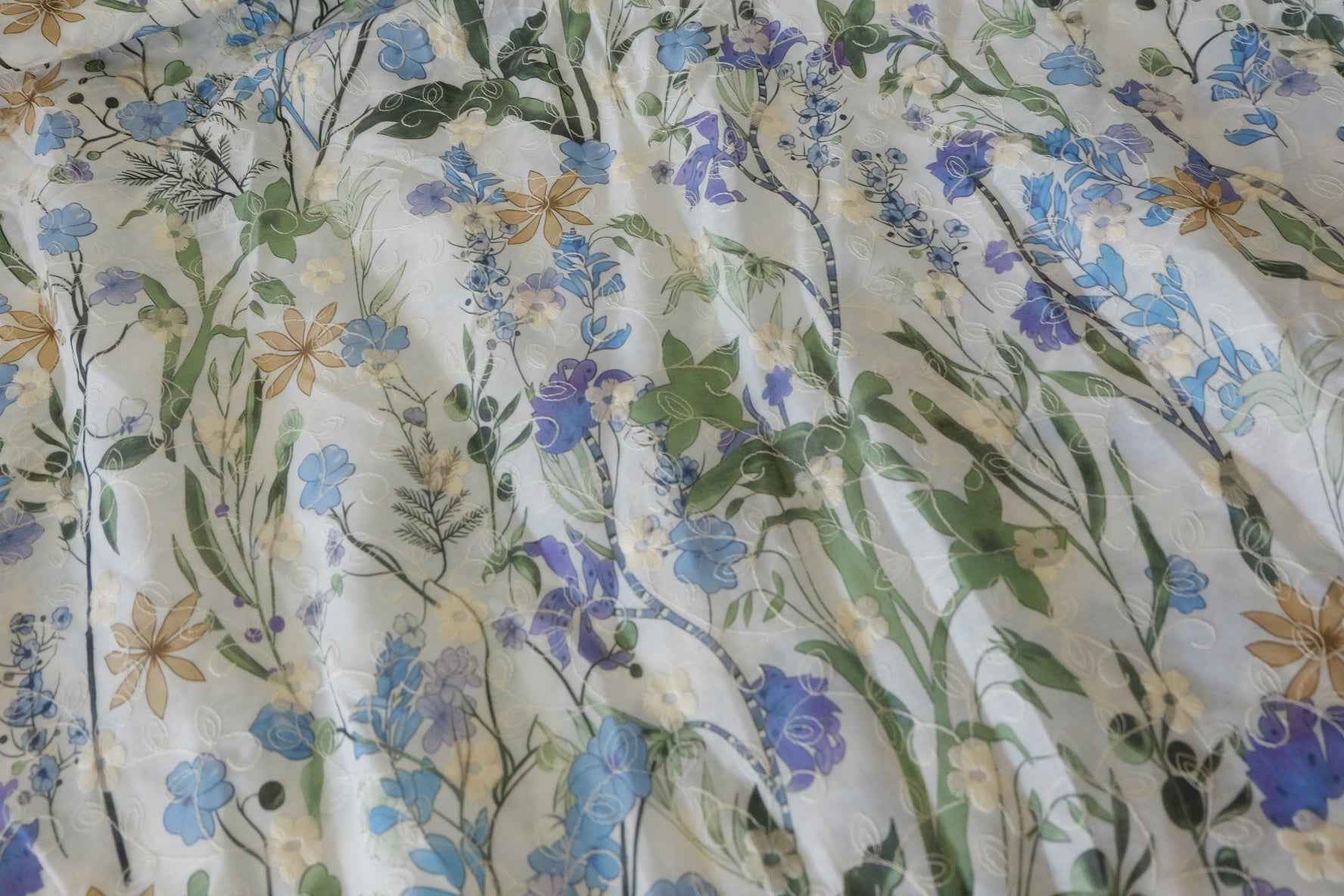 Blue Floral Embroidered Cotton Blend Fabric – 2.7 yd