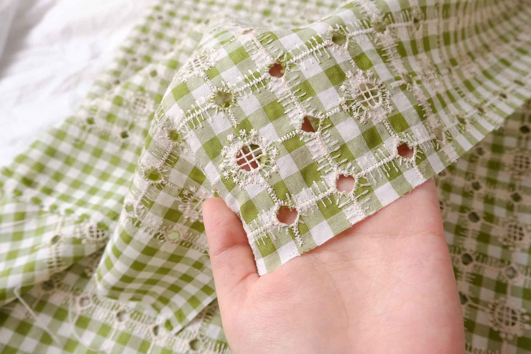 Apple Green Gingham Embroidered Eyelet Fabric, Lightweight Opaque Cotton Blend, 2.19 Yards