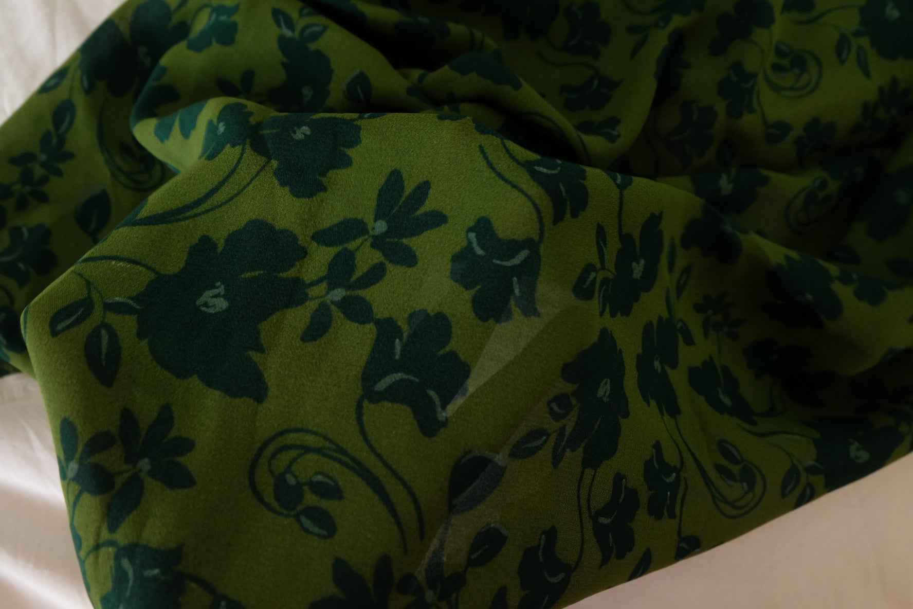Olive Green Floral Rayon Challis Fabric – 3.3 yd