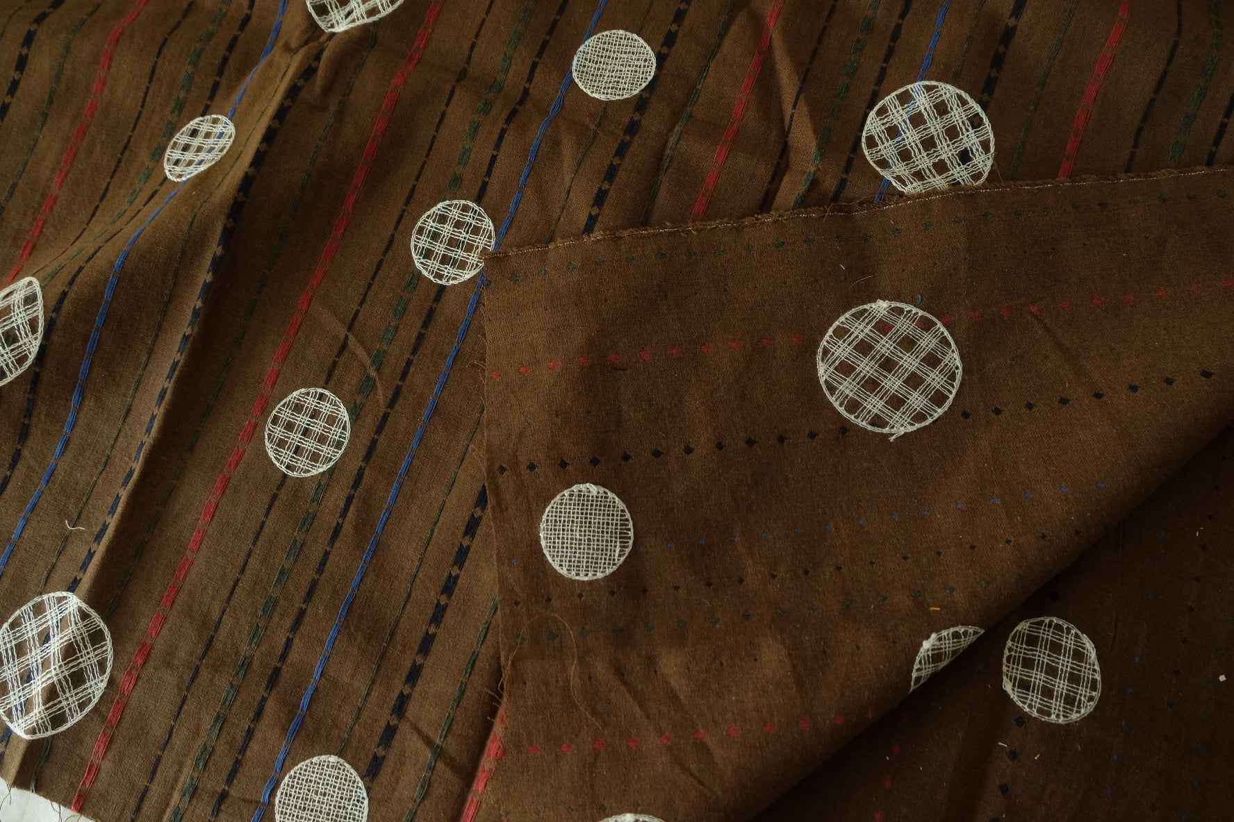 Brown Striped Linen Cotton Fabric with Circle Embroidery – 1.4 yd