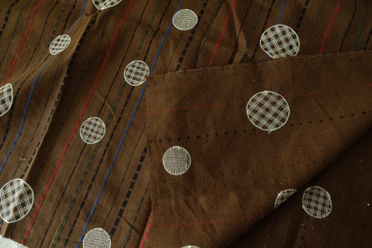 Brown Striped Linen Cotton Fabric with Circle Embroidery – 1.4 yd