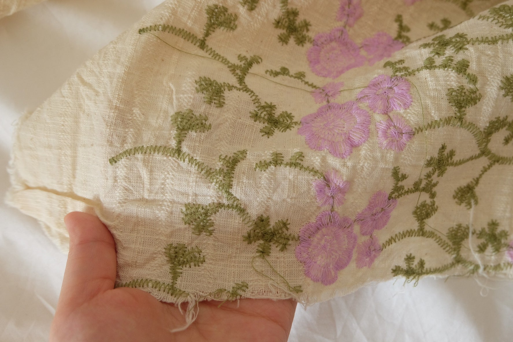 Lavender Floral Embroidered Linen Fabric – Textured Pure Linen – 1.2 yd