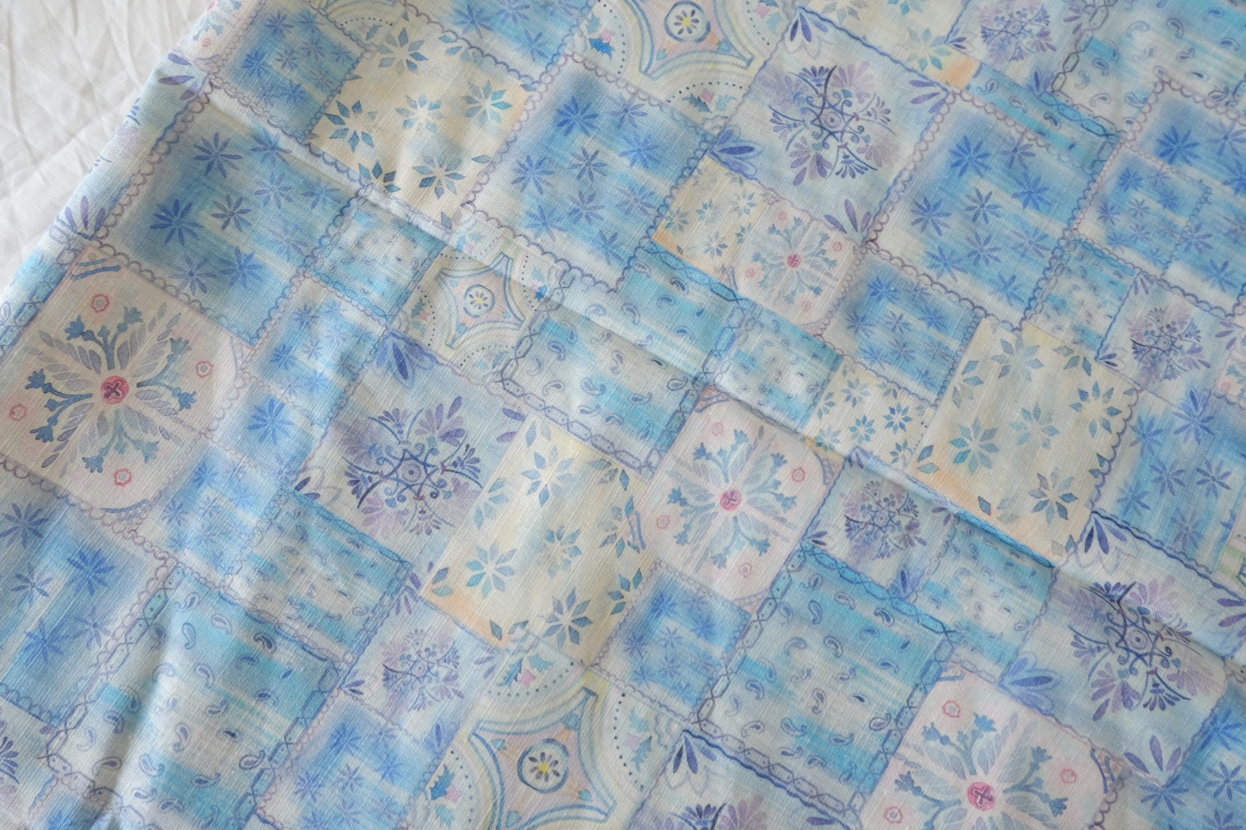 Blue Mosaic Patchwork Lyocell Linen Fabric, 1.64 Yards