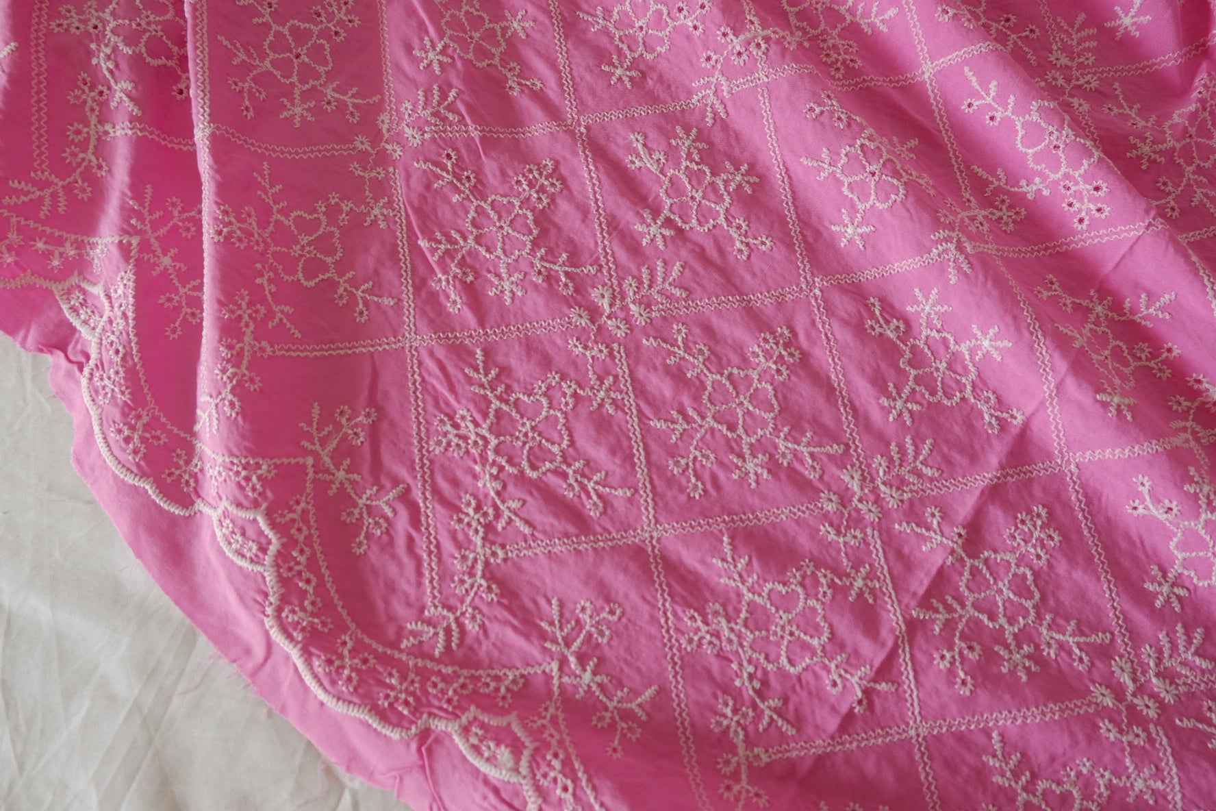 Bright Pink Floral Embroidered Cotton Linen Blend – 2.2 yd