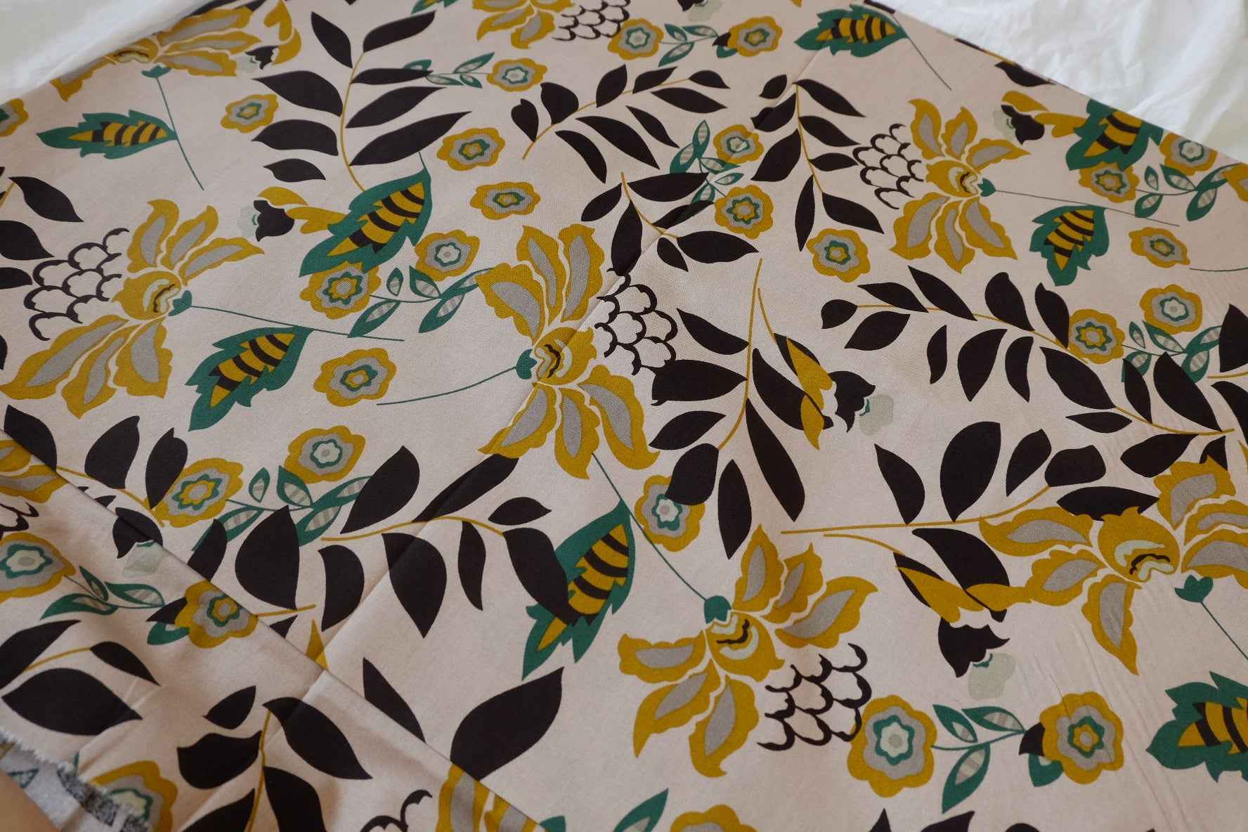 Mustard Floral Cotton Linen Fabric - 1.64 yd