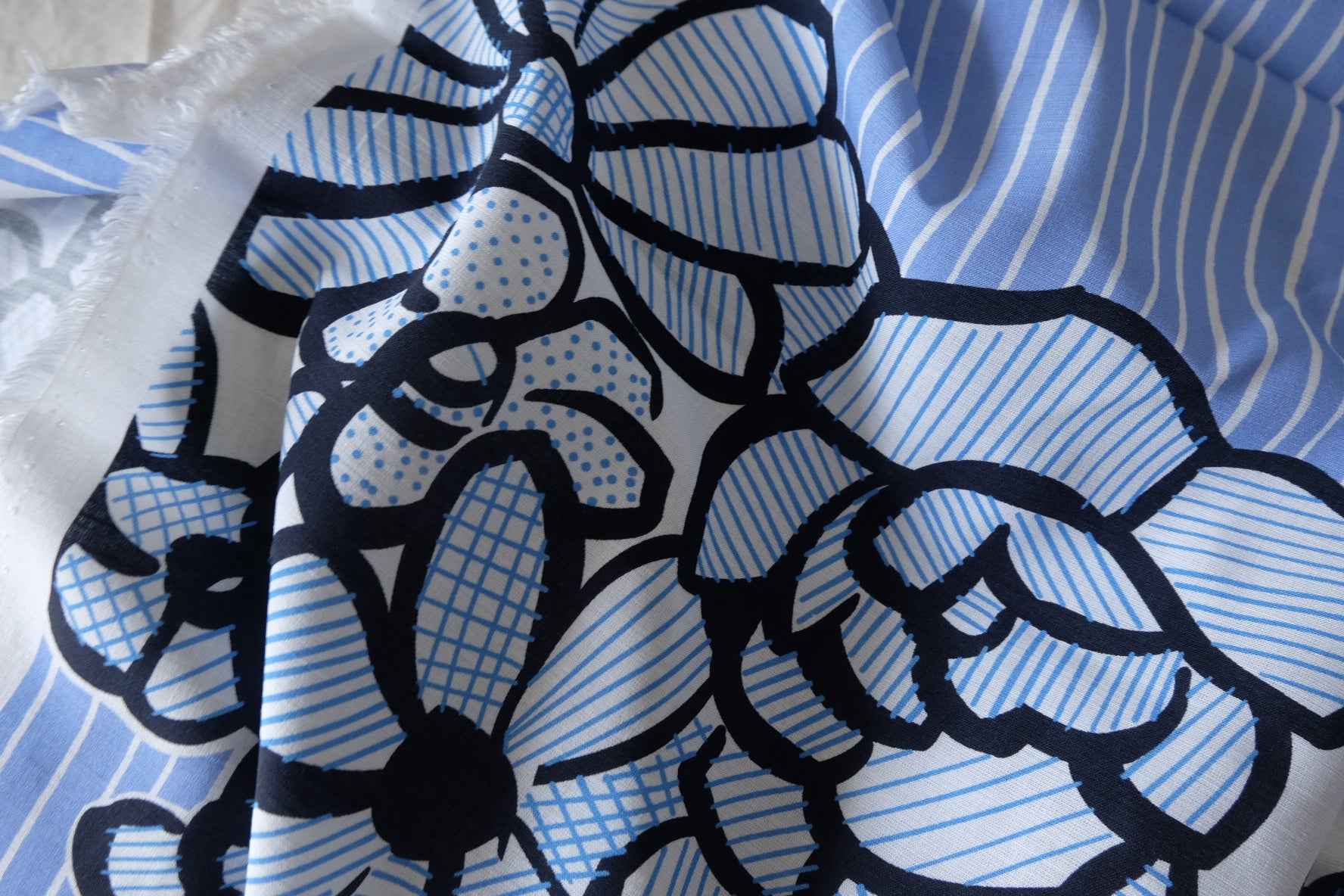Blue Floral Border Cotton Lawn Fabric – 3 yd