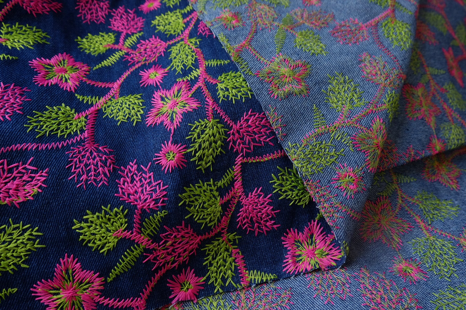 Pink & Green Floral Embroidered Cotton Denim Fabric - Sold by 0.55 yd