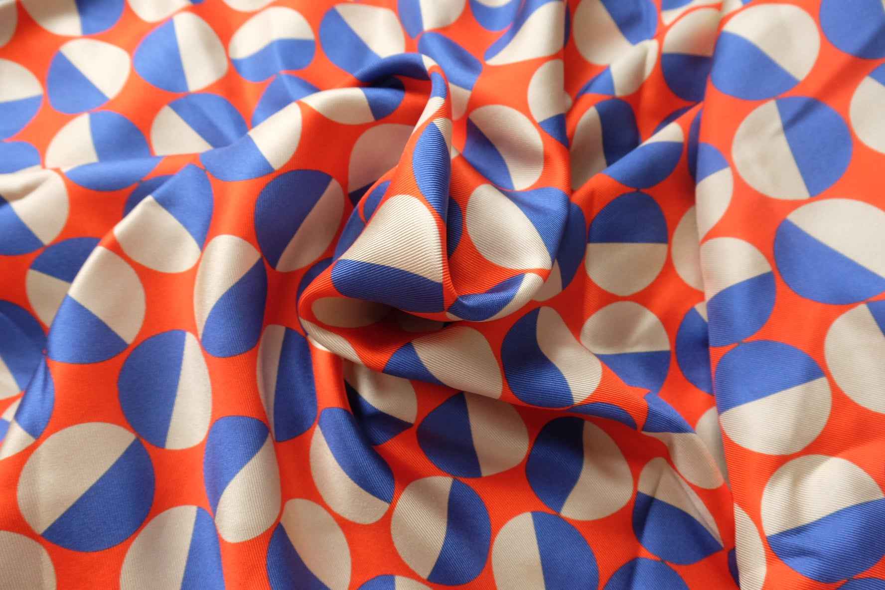 Graphic Orange Blue Silk Twill Crepe Fabric, Crisp Structured Weight, 2.21 Yards