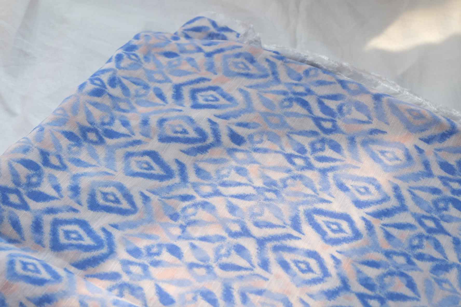 Blue Ikat Tencel Cotton Linen Fabric, Soft Drapey Summer Weight, 3.28 Yards