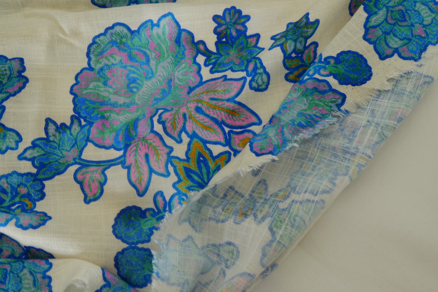 Blue Paisley Floral Linen Cotton Blend Fabric – 2.2 yd