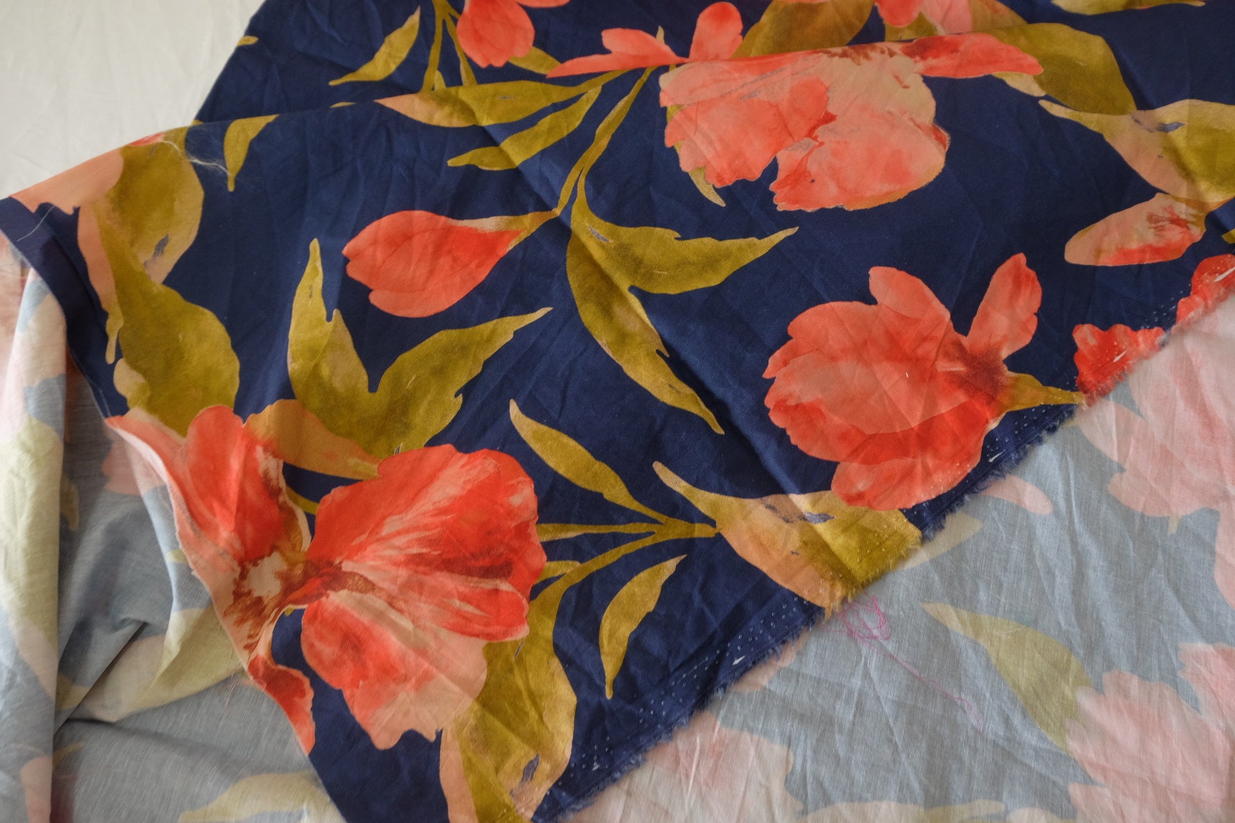 Navy Coral Floral Cotton Poplin Fabric – 3.3 yd