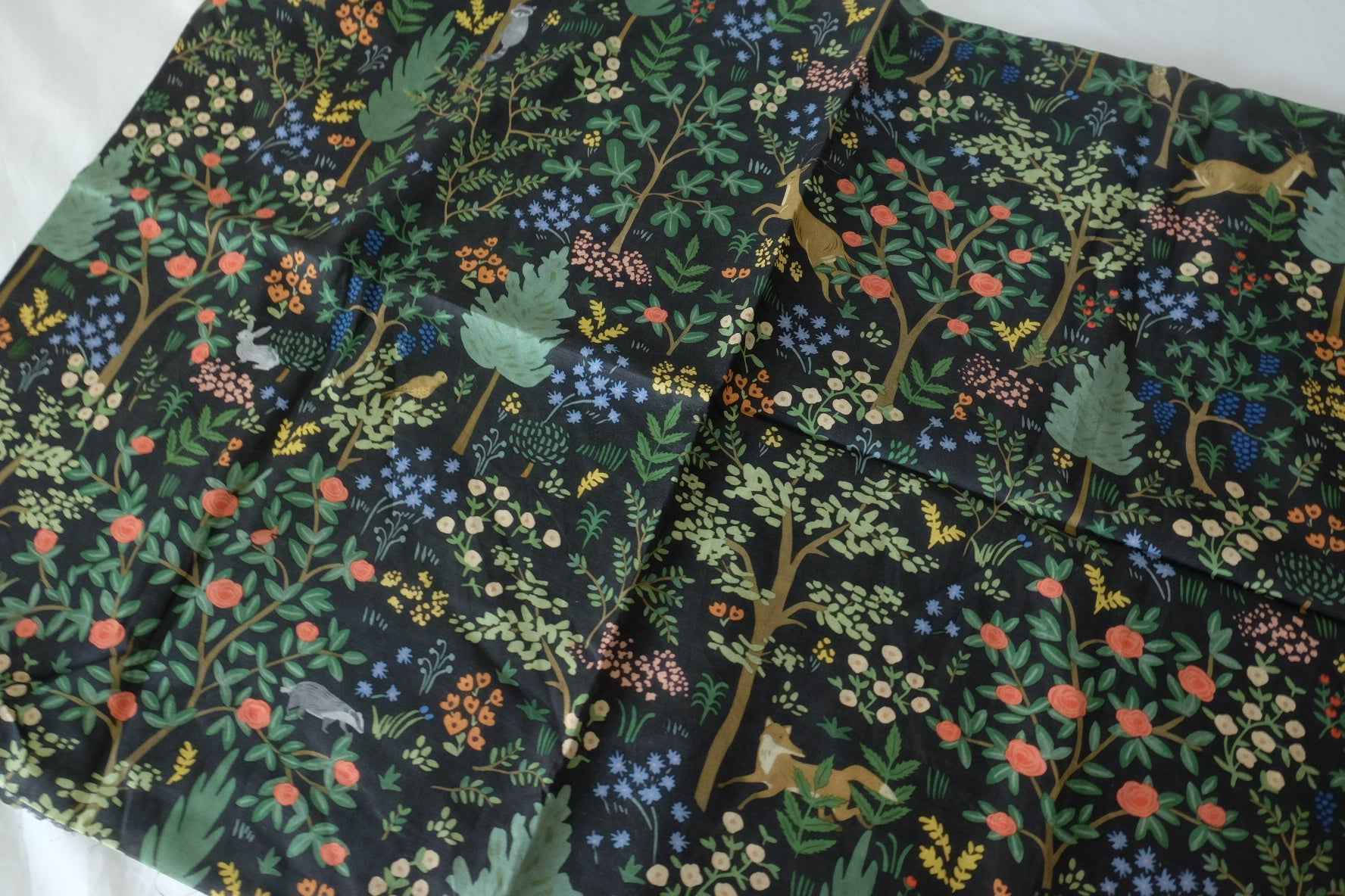 Dark Woodland Garden Cotton Voile Fabric – Storybook Floral & Nature Print – 2.2 yd