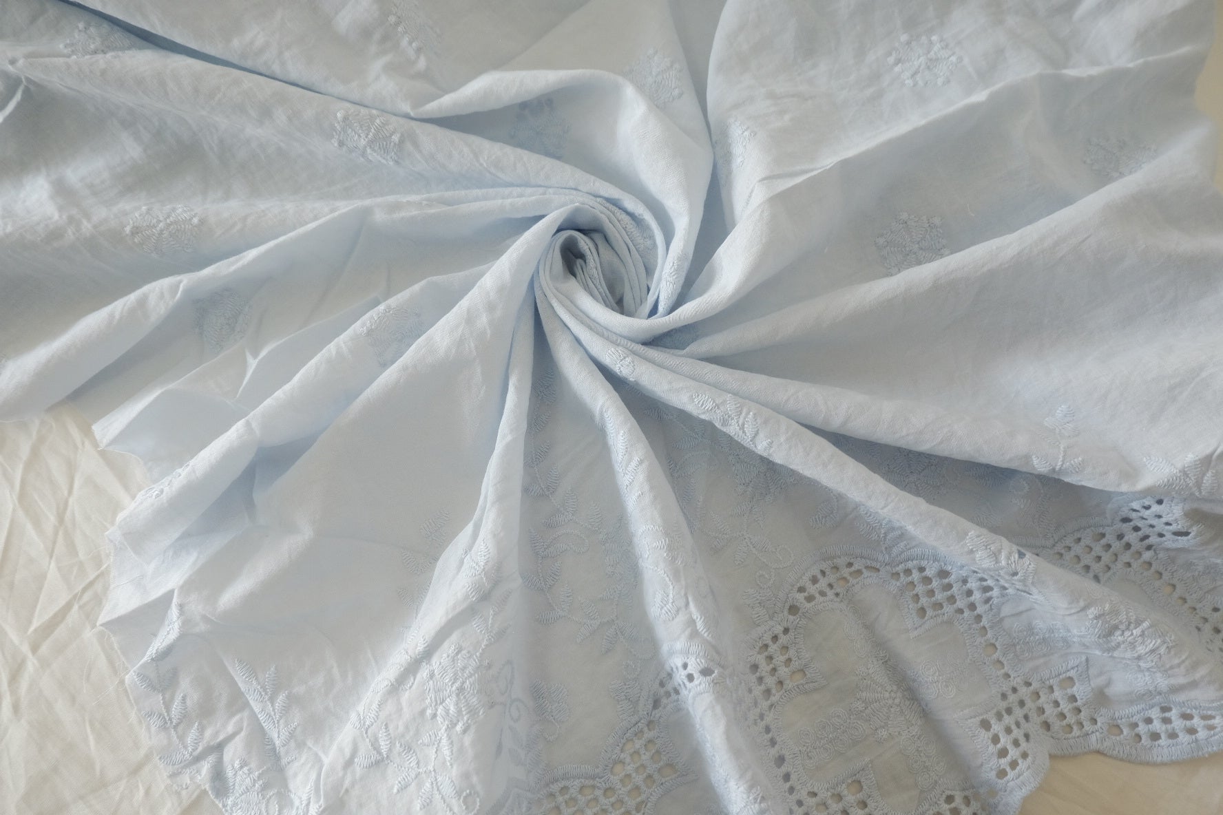 Powder Blue Double-Border Embroidered Cotton Fabric – 1.75 yd Piece