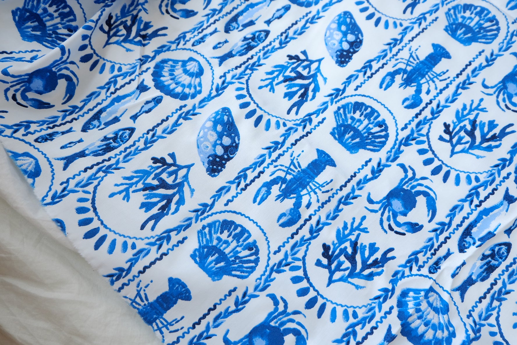 Blue Coastal Print Cotton Poplin Fabric, 3.28 Yards