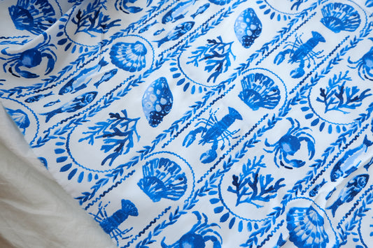 Blue Coastal Print Cotton Poplin Fabric, 3.28 Yards