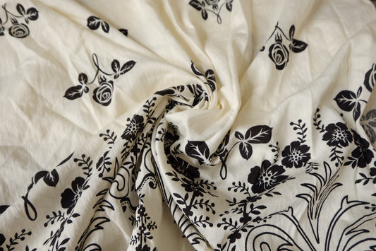 Black Rose Border Lyocell Linen Fabric - 2.19 yd