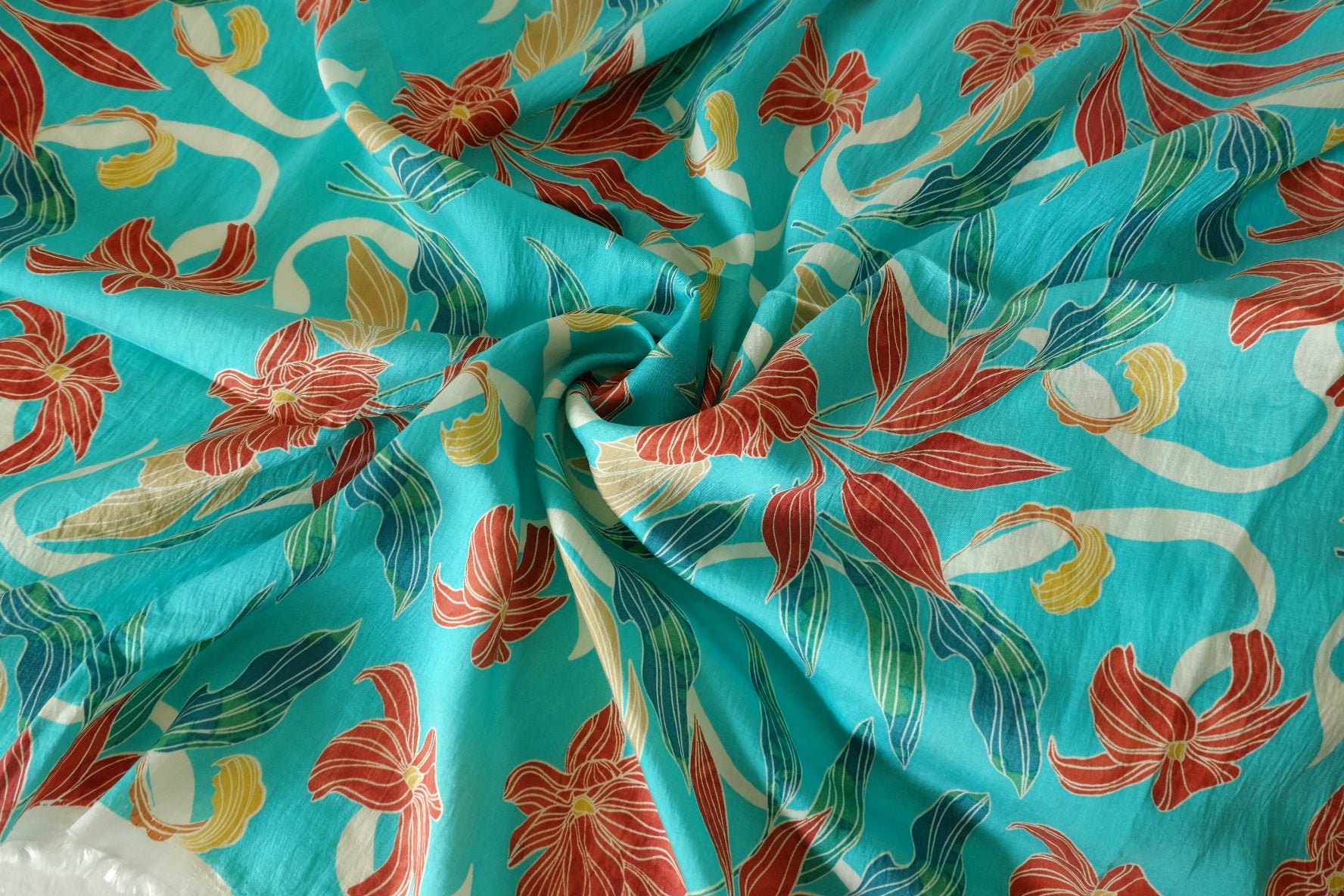 Turquoise Floral Tencel Cotton Fabric – 3.28 yd