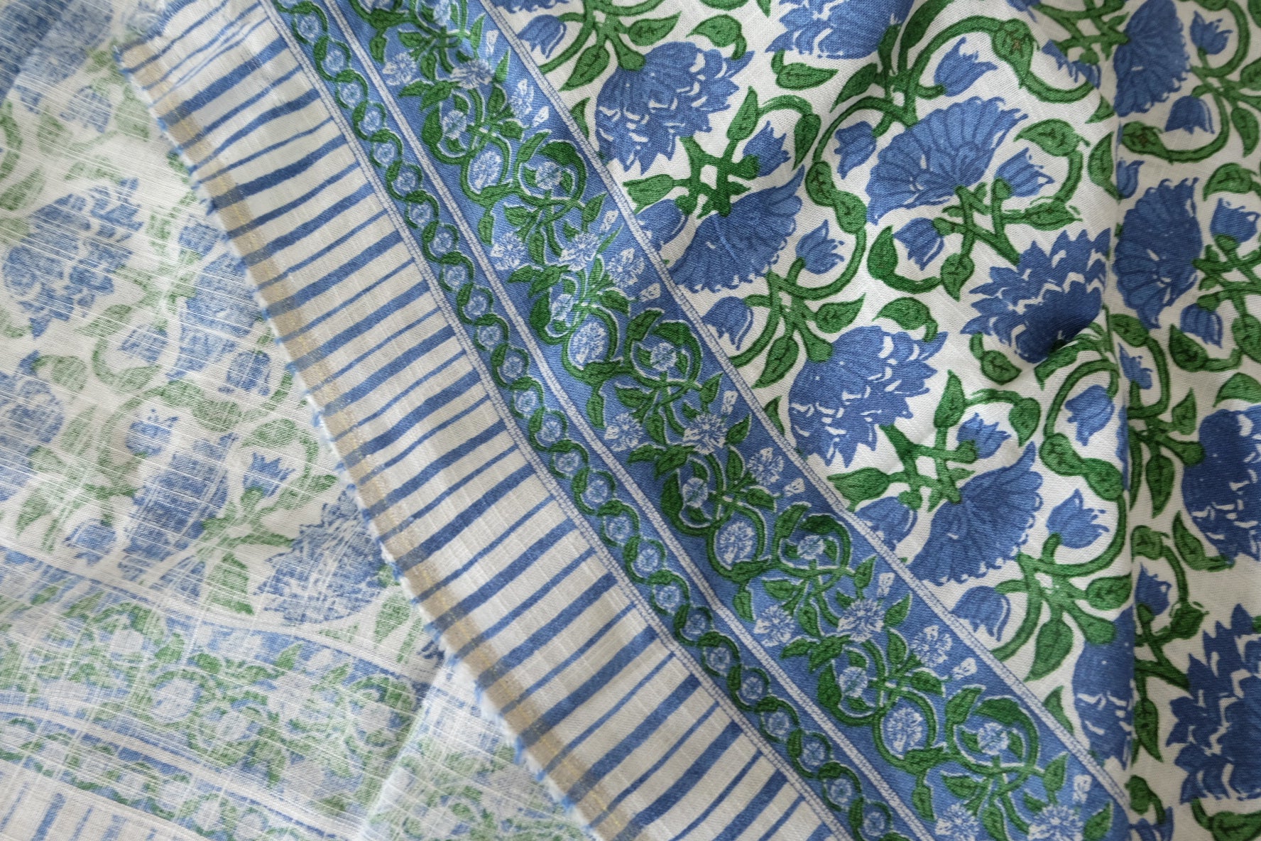Blue Green Floral Border Print Cotton Linen Fabric - 2.2 yd