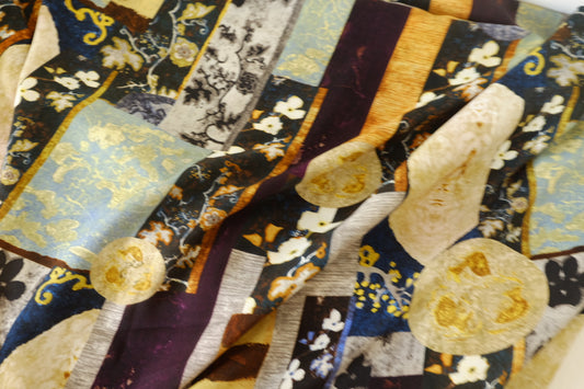 Silk-Like Rayon Satin Fabric – Artistic Patchwork Print 3 Yards