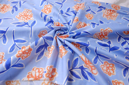 Blue Orange Floral Cotton Poplin Fabric - 1.97 yd