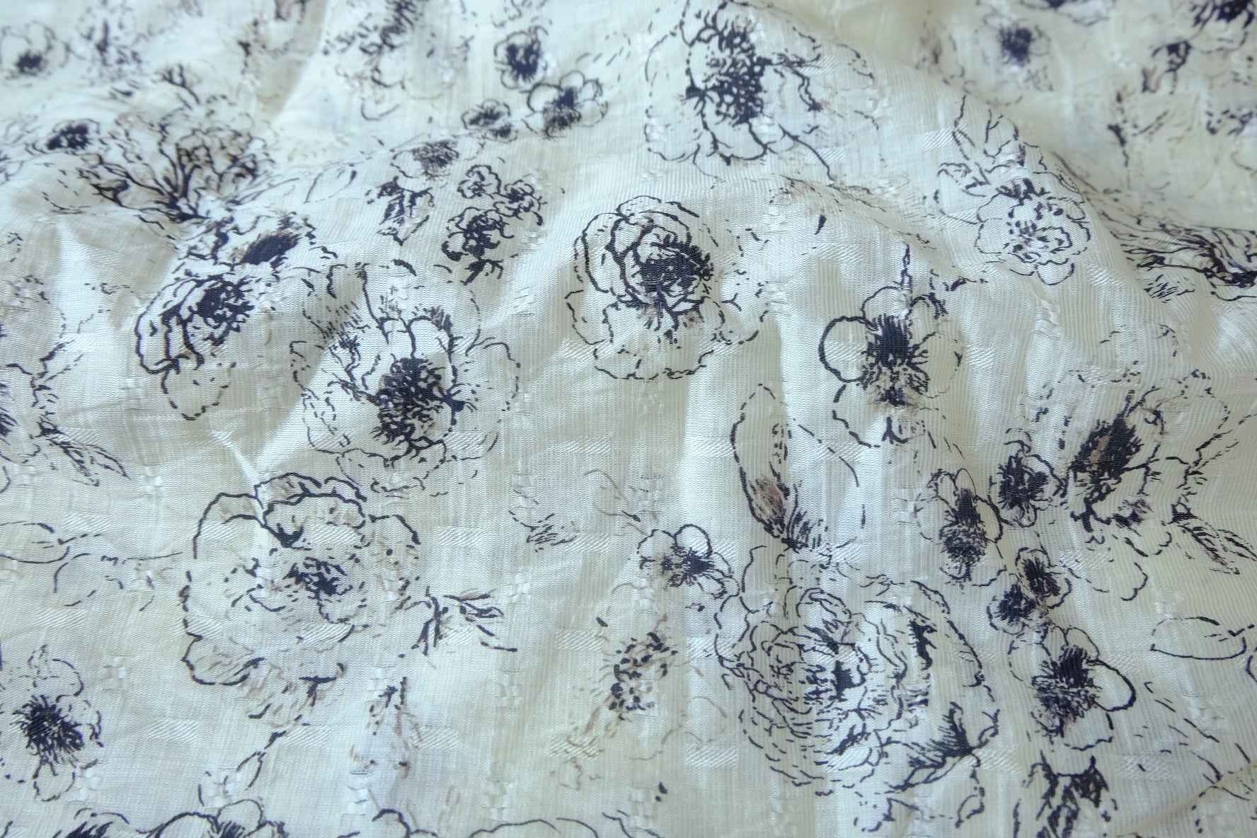Ivory Sketch Floral Textured Polyester Fabric - 4.37 yd