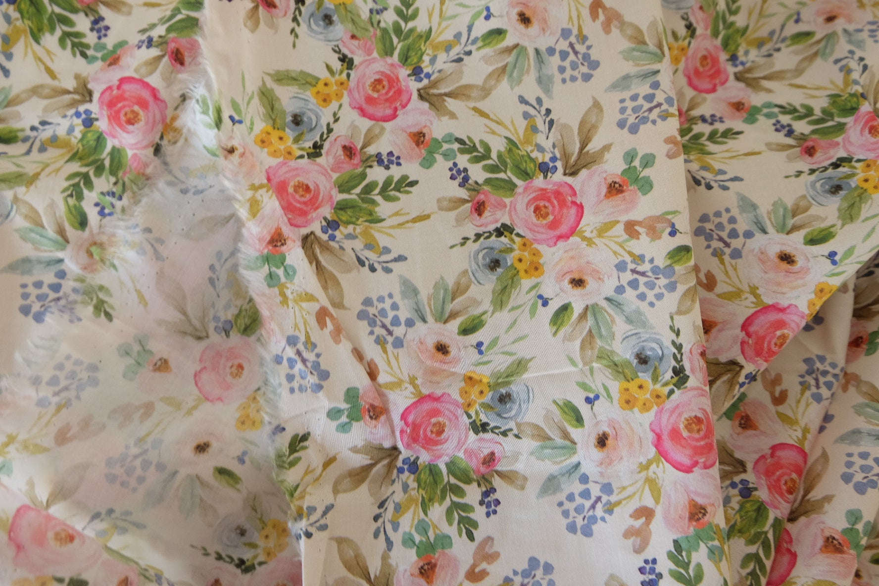 Watercolor Bouquet Cotton Lawn Fabric – Soft Spring Floral Print (1.6 yd Cut)