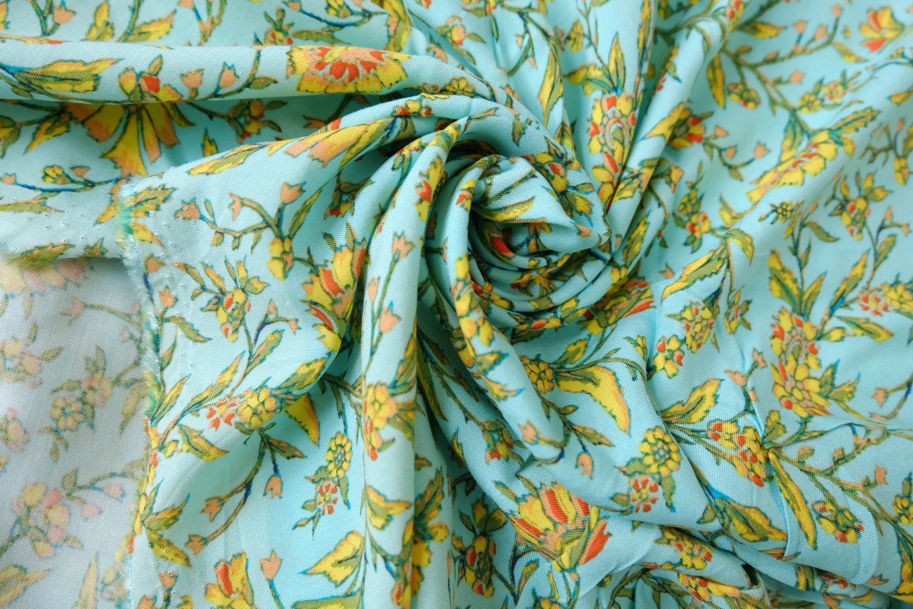 Sky Blue Floral Cotton Rayon Fabric, 3.28 Yards