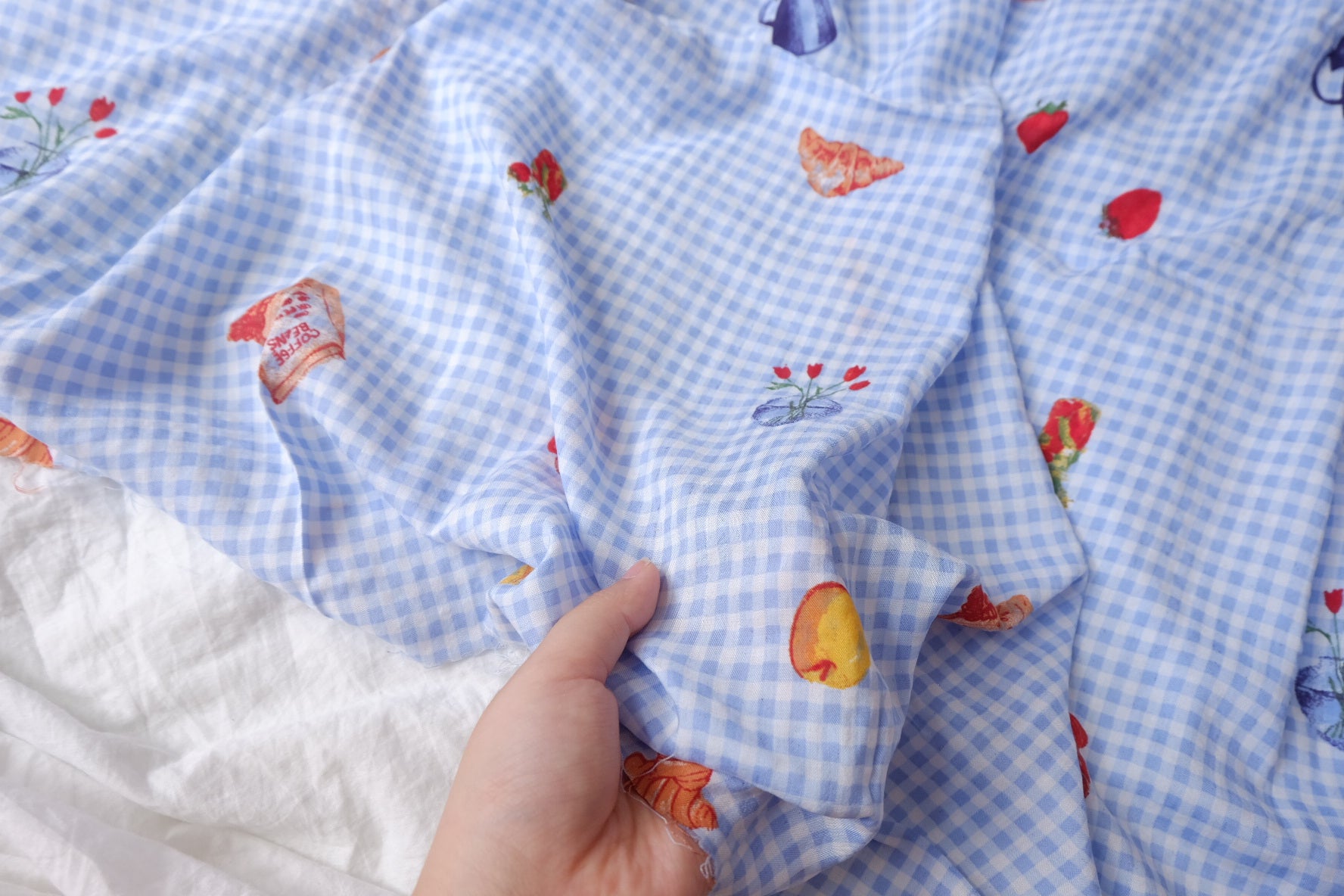 Blue Gingham Picnic Print Lightweight Cotton Fabric — 2.19 yd