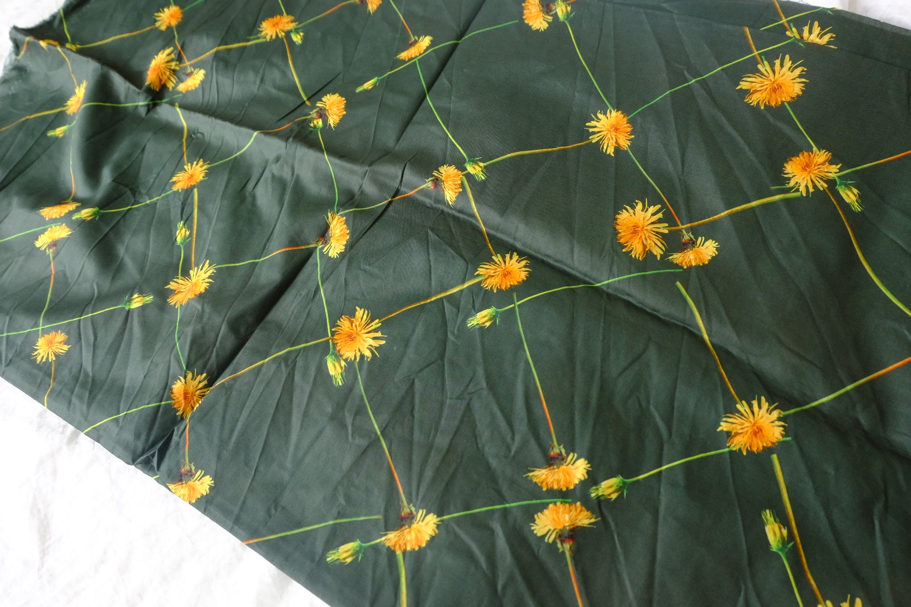 Dark Green Dandelion Cotton Lawn Fabric - 1.64 yd