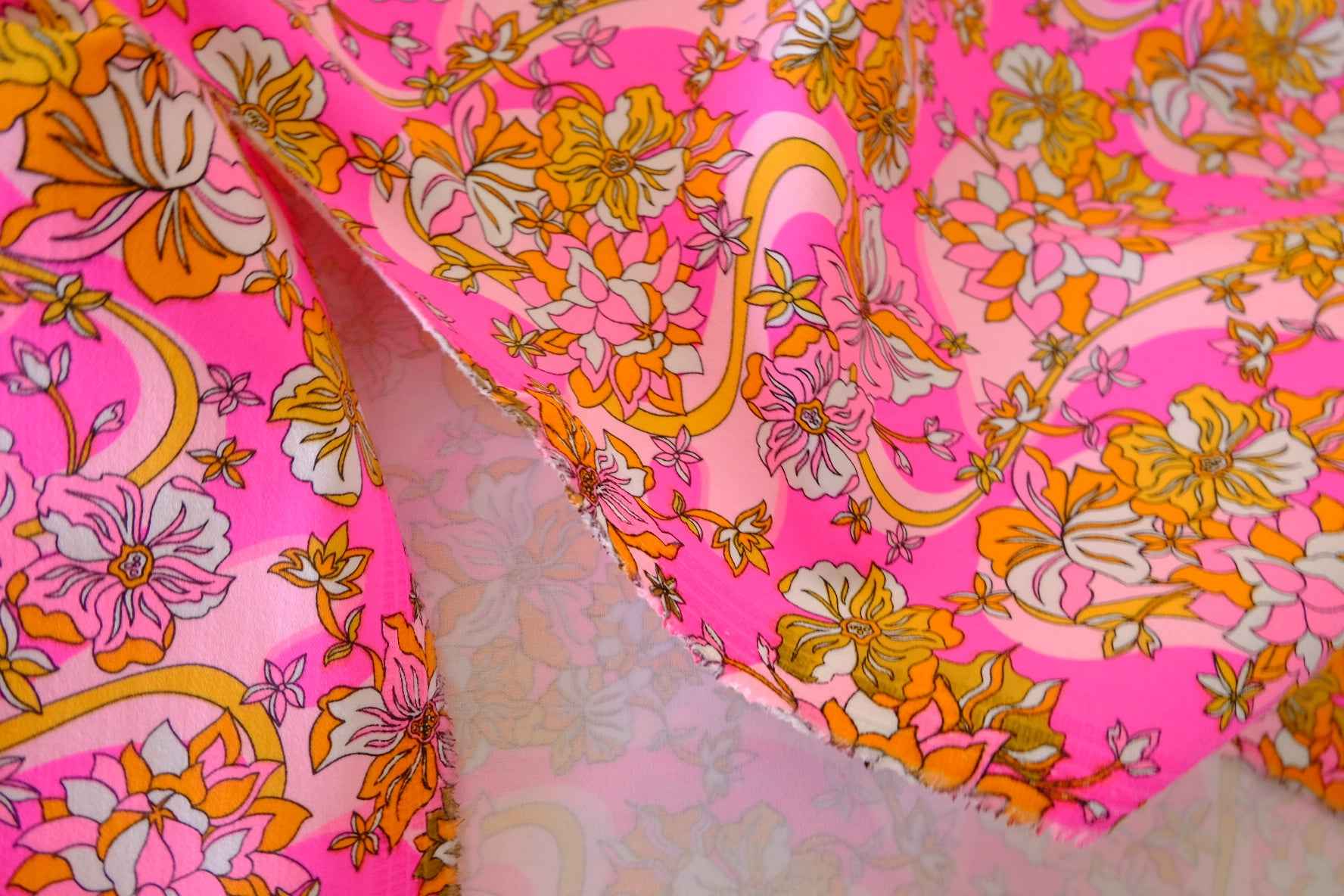 Bright Pink Vintage Floral Cotton Twill Fabric – 2.2 yd
