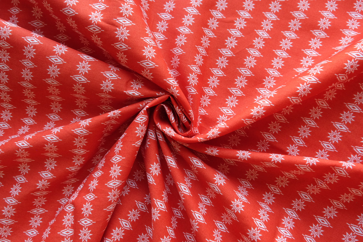 Red Folk Star – Geometric Print Cotton Fabric – 2.19 / 3.28 yd