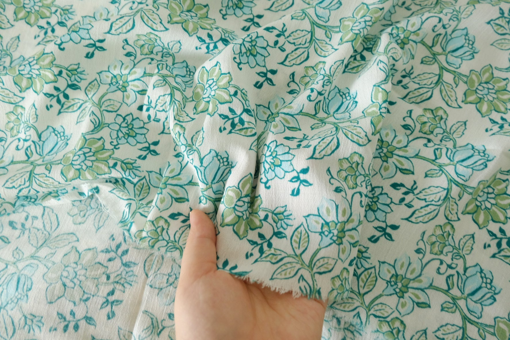 Aqua Green Floral Tencel Cotton Fabric - 1.6 yd