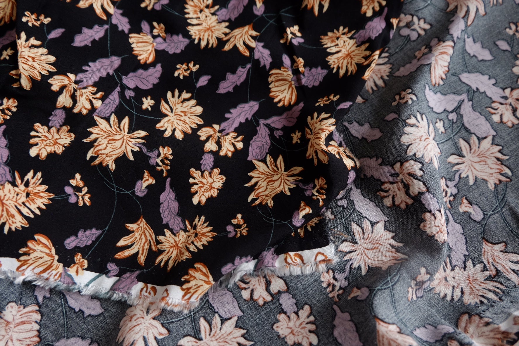 Dark Vintage Floral Rayon Challis Fabric - 3.28 yd