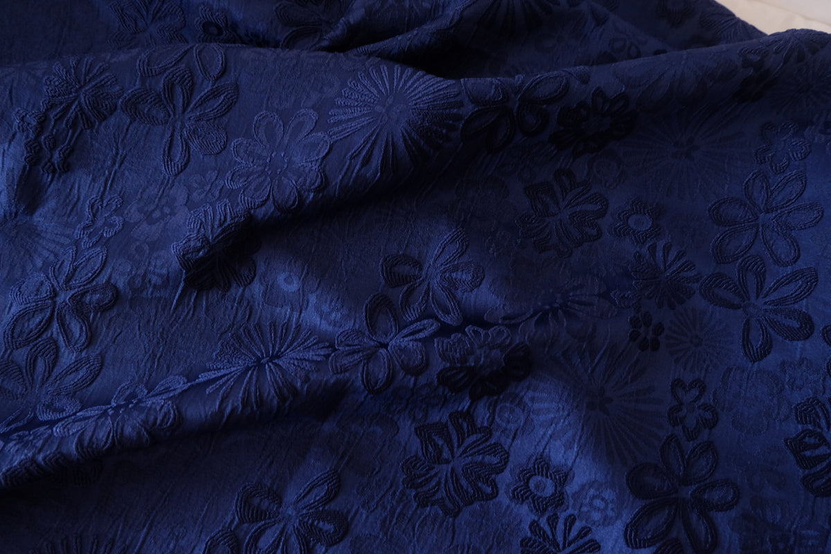 Midnight Blue Floral Jacquard – Polyester Satin Brocade Fabric | 2.2 Yards